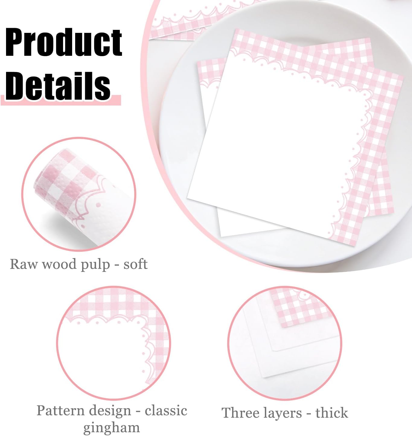 HEIPINIUYE 50 Pieces Light Pink Gingham Cocktail Napkins Paper 3-ply Disposable Pink and White Checkered Dessert Napkins for Dinner Wedding Birthday Baby Shower Party Plaid Beverage Napkin