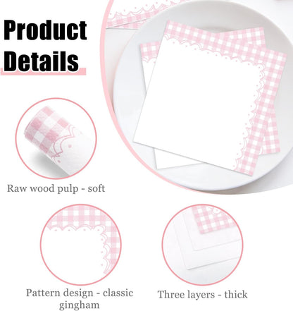 HEIPINIUYE 50 Pieces Light Pink Gingham Cocktail Napkins Paper 3-ply Disposable Pink and White Checkered Dessert Napkins for Dinner Wedding Birthday Baby Shower Party Plaid Beverage Napkin