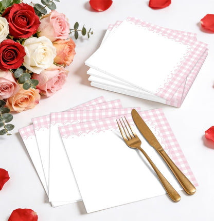 HEIPINIUYE 50 Pieces Light Pink Gingham Cocktail Napkins Paper 3-ply Disposable Pink and White Checkered Dessert Napkins for Dinner Wedding Birthday Baby Shower Party Plaid Beverage Napkin