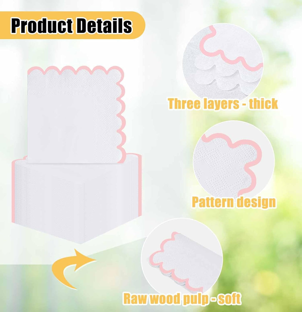 50 Pieces 3-ply Light Pink Scalloped Napkins Folded 5 x 5 Inches Disposable Paper Napkin Cocktail Napkins for Dinner Wedding Birthday Party