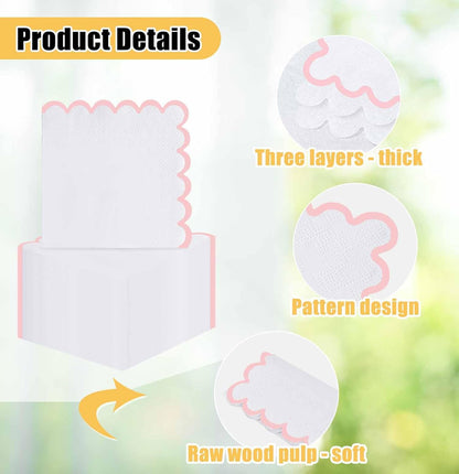 50 Pieces 3-ply Light Pink Scalloped Napkins Folded 5 x 5 Inches Disposable Paper Napkin Cocktail Napkins for Dinner Wedding Birthday Party
