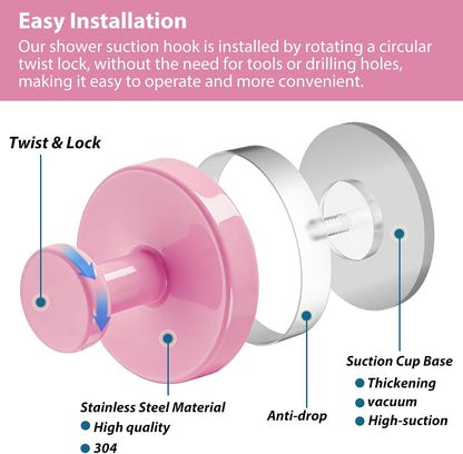 Suction Cup Hooks for Shower, 2 PCS No-Drill Towel Holder for Bathrooms Wall, Glass Door, Mirror, Tiles, Kitchen, Hold Robe & Wreath, Hanging up to 15 lbs – Waterproof & Rustproof, Pink