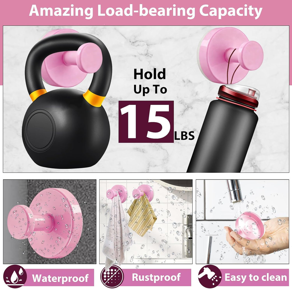 Suction Cup Hooks for Shower, 2 PCS No-Drill Towel Holder for Bathrooms Wall, Glass Door, Mirror, Tiles, Kitchen, Hold Robe & Wreath, Hanging up to 15 lbs – Waterproof & Rustproof, Pink