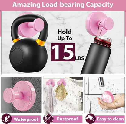 Suction Cup Hooks for Shower, 2 PCS No-Drill Towel Holder for Bathrooms Wall, Glass Door, Mirror, Tiles, Kitchen, Hold Robe & Wreath, Hanging up to 15 lbs – Waterproof & Rustproof, Pink