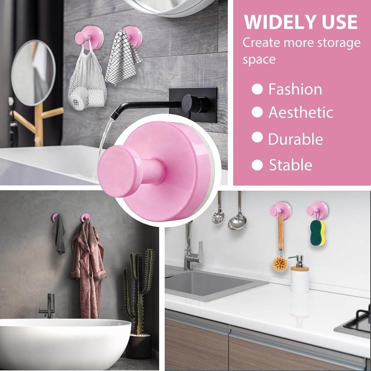 Suction Cup Hooks for Shower, 2 PCS No-Drill Towel Holder for Bathrooms Wall, Glass Door, Mirror, Tiles, Kitchen, Hold Robe & Wreath, Hanging up to 15 lbs – Waterproof & Rustproof, Pink