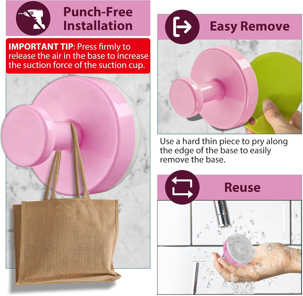 Suction Cup Hooks for Shower, 2 PCS No-Drill Towel Holder for Bathrooms Wall, Glass Door, Mirror, Tiles, Kitchen, Hold Robe & Wreath, Hanging up to 15 lbs – Waterproof & Rustproof, Pink