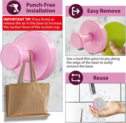 Suction Cup Hooks for Shower, 2 PCS No-Drill Towel Holder for Bathrooms Wall, Glass Door, Mirror, Tiles, Kitchen, Hold Robe & Wreath, Hanging up to 15 lbs – Waterproof & Rustproof, Pink