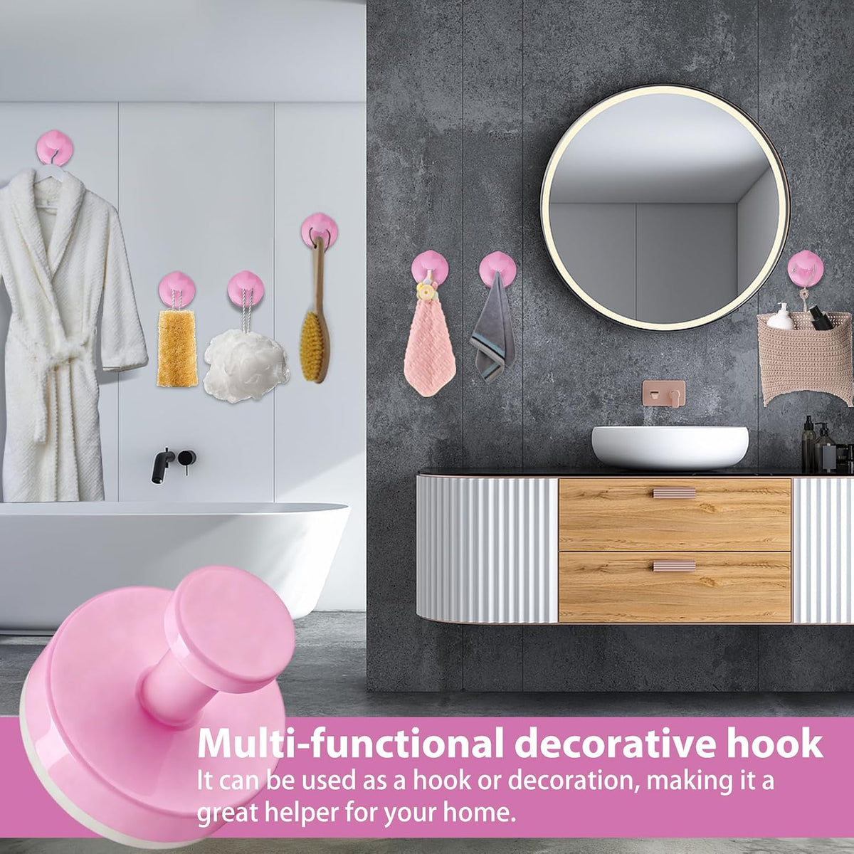 Suction Cup Hooks for Shower, 2 PCS No-Drill Towel Holder for Bathrooms Wall, Glass Door, Mirror, Tiles, Kitchen, Hold Robe & Wreath, Hanging up to 15 lbs – Waterproof & Rustproof, Pink