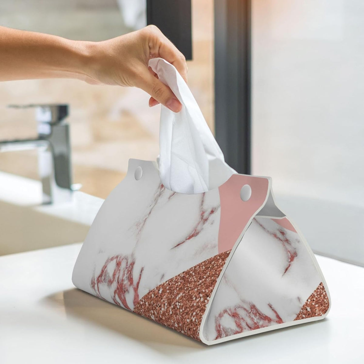 Pink White Marble Glitter Tissue Box Cover Rectangle PU Leather Facial Tissue Case Paper Holder Organizer for Decor Bathroom Vanity Countertop Bedroom Dresser Night Stand Desk Tabletop Car Office