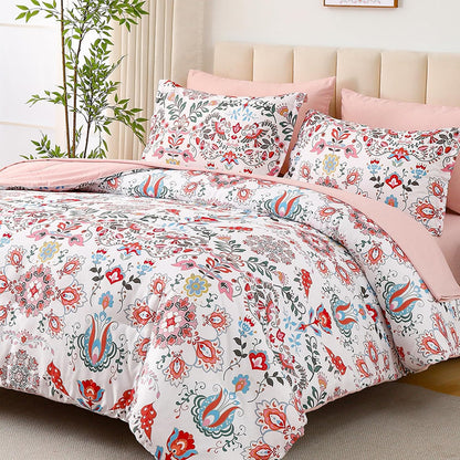 Boho Comforter Set Queen - 7 Pieces Bed in a Bag Floral Design, Bohemian Comforter Set with Sheets, Soft Microfiber Complete Bedding Sets All Season (Light Pink, Queen)