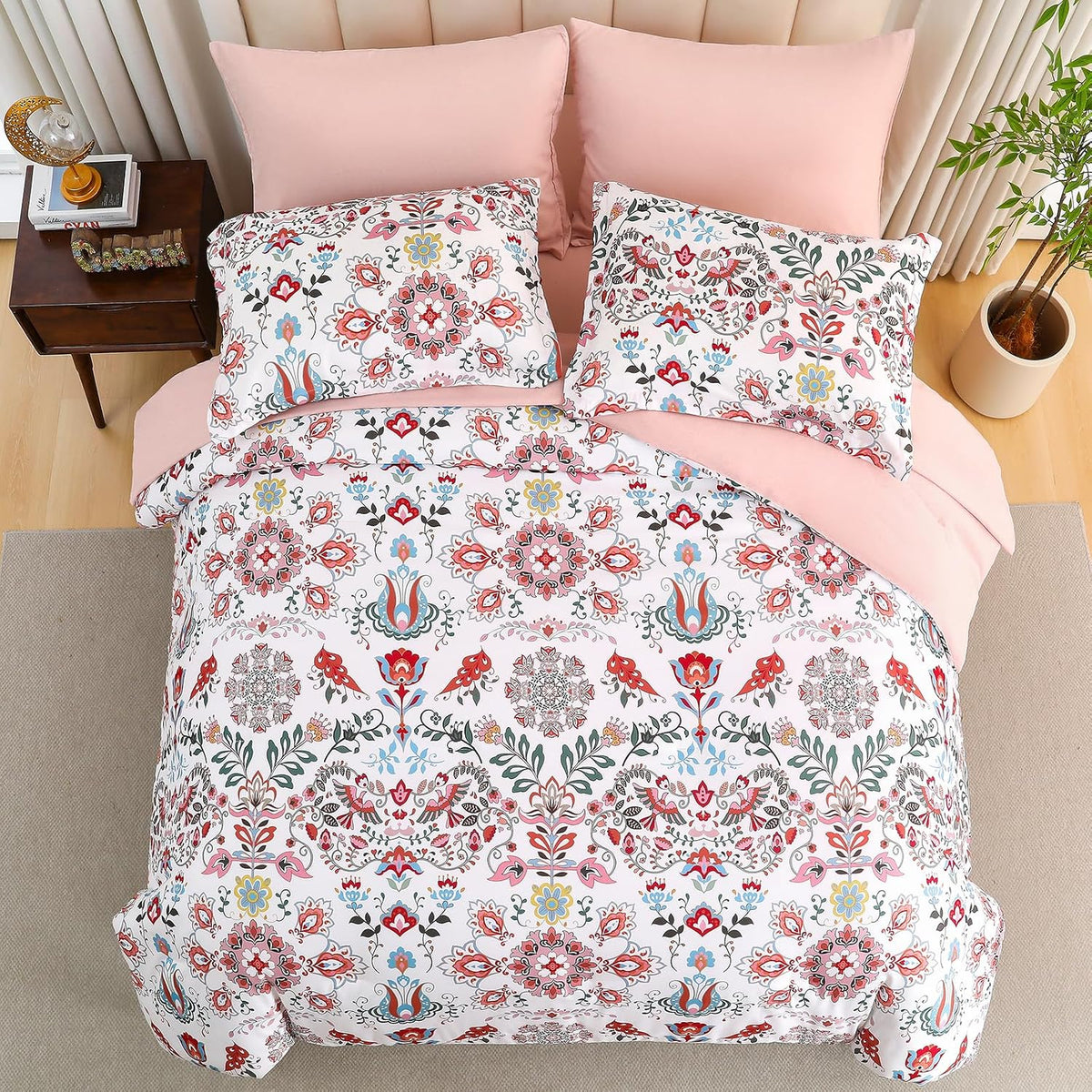 Boho Comforter Set Queen - 7 Pieces Bed in a Bag Floral Design, Bohemian Comforter Set with Sheets, Soft Microfiber Complete Bedding Sets All Season (Light Pink, Queen)