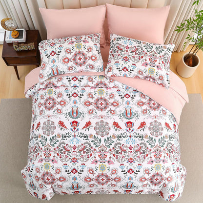 Boho Comforter Set Queen - 7 Pieces Bed in a Bag Floral Design, Bohemian Comforter Set with Sheets, Soft Microfiber Complete Bedding Sets All Season (Light Pink, Queen)