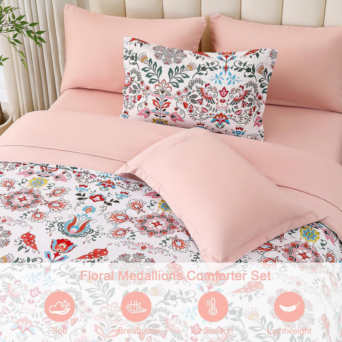 Boho Comforter Set Queen - 7 Pieces Bed in a Bag Floral Design, Bohemian Comforter Set with Sheets, Soft Microfiber Complete Bedding Sets All Season (Light Pink, Queen)