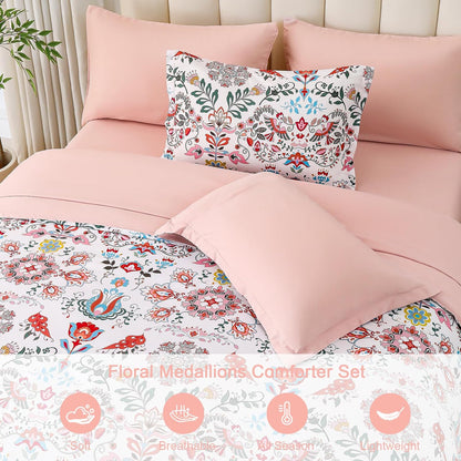 Boho Comforter Set Queen - 7 Pieces Bed in a Bag Floral Design, Bohemian Comforter Set with Sheets, Soft Microfiber Complete Bedding Sets All Season (Light Pink, Queen)