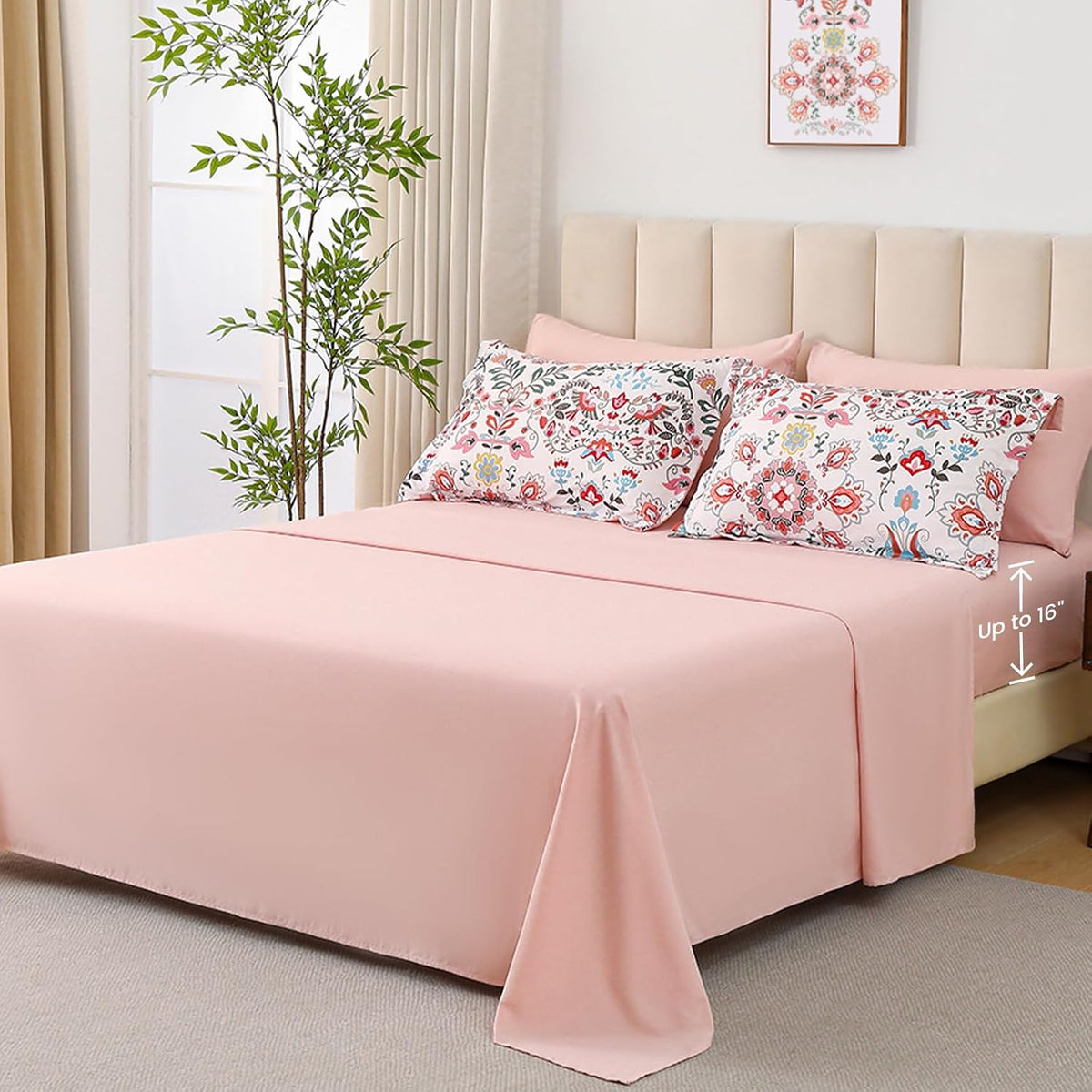 Boho Comforter Set Queen - 7 Pieces Bed in a Bag Floral Design, Bohemian Comforter Set with Sheets, Soft Microfiber Complete Bedding Sets All Season (Light Pink, Queen)