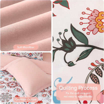 Boho Comforter Set Queen - 7 Pieces Bed in a Bag Floral Design, Bohemian Comforter Set with Sheets, Soft Microfiber Complete Bedding Sets All Season (Light Pink, Queen)