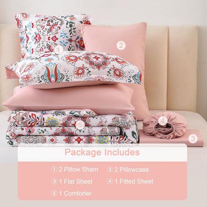 Boho Comforter Set Queen - 7 Pieces Bed in a Bag Floral Design, Bohemian Comforter Set with Sheets, Soft Microfiber Complete Bedding Sets All Season (Light Pink, Queen)