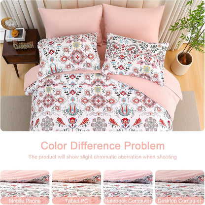 Boho Comforter Set Queen - 7 Pieces Bed in a Bag Floral Design, Bohemian Comforter Set with Sheets, Soft Microfiber Complete Bedding Sets All Season (Light Pink, Queen)