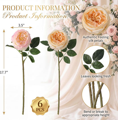 6 Pcs 3.5'' Larger Realistic Touch Peony Artificial Flowers Fake Peony Bouquet Artificial Flower Large Faux DIY Rose Bouquet for Centerpiece Table Wedding Party Home Decor (Soft Pink,Champagne)