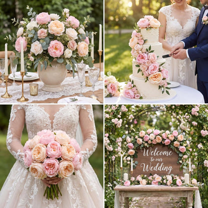 6 Pcs 3.5'' Larger Realistic Touch Peony Artificial Flowers Fake Peony Bouquet Artificial Flower Large Faux DIY Rose Bouquet for Centerpiece Table Wedding Party Home Decor (Soft Pink,Champagne)