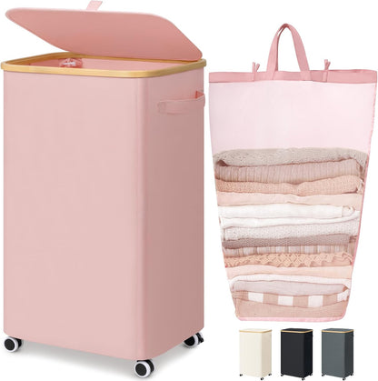 100L Large Rolling Laundry Basket with Wheels and Lid, Pink