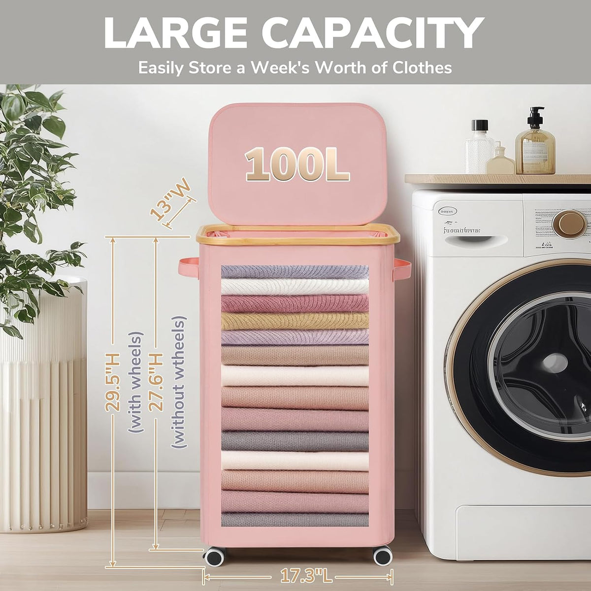 100L Large Rolling Laundry Basket with Wheels and Lid, Pink