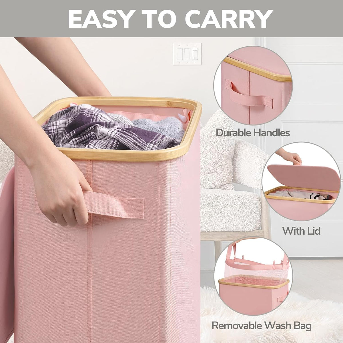 100L Large Rolling Laundry Basket with Wheels and Lid, Pink