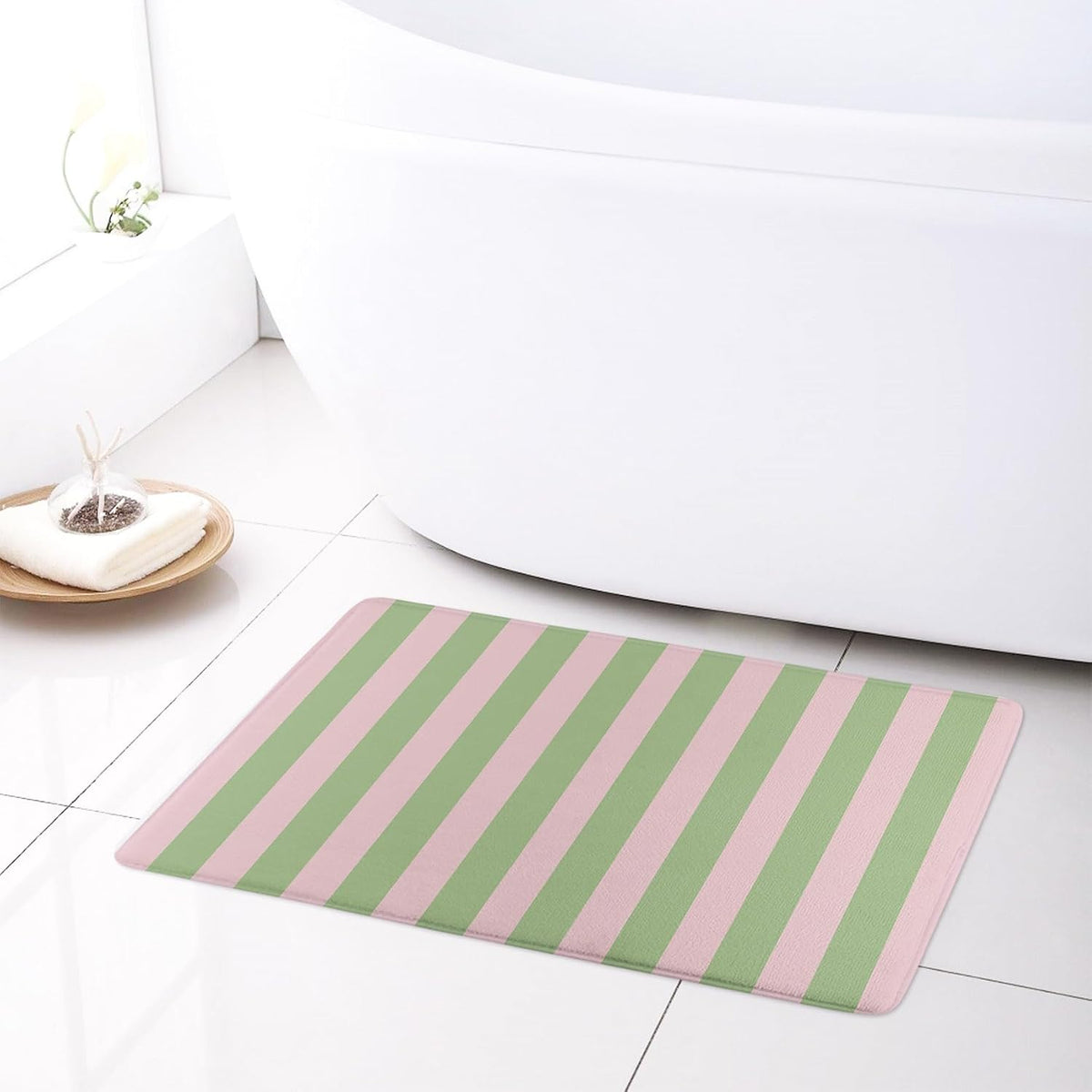 Pink Green Striped Bathroom Rugs Non Slip Washable Funny Stripe Memory Foam Bath Mat for Shower Rustic Bathtub Mat Door Mat Indoor Entrance Floor Mat for Bedroom Bathroom Accessory 24x16 Inch