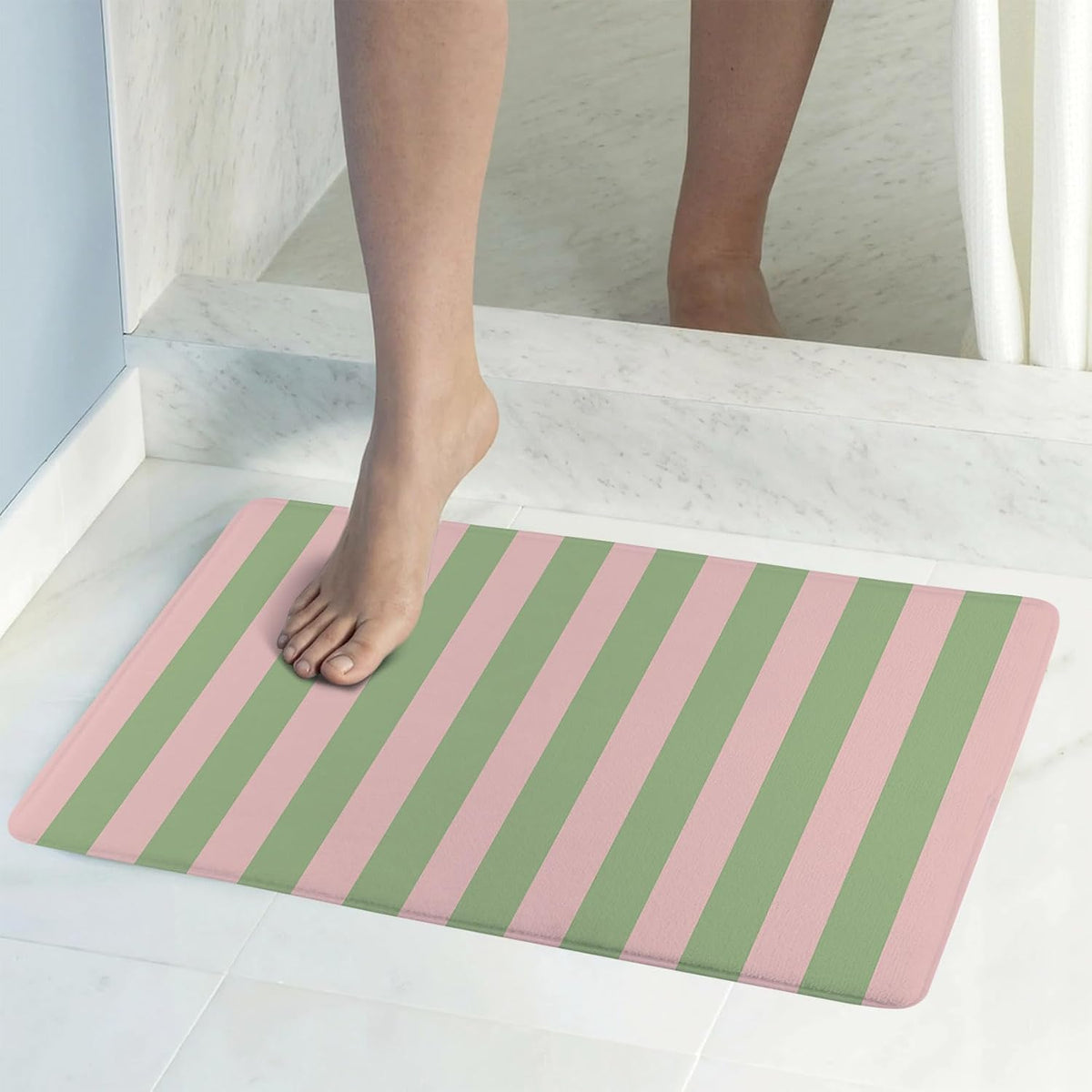 Pink Green Striped Bathroom Rugs Non Slip Washable Funny Stripe Memory Foam Bath Mat for Shower Rustic Bathtub Mat Door Mat Indoor Entrance Floor Mat for Bedroom Bathroom Accessory 24x16 Inch