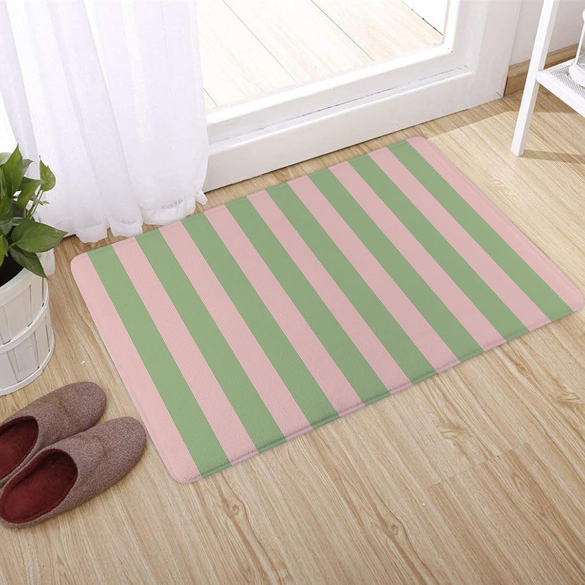 Pink Green Striped Bathroom Rugs Non Slip Washable Funny Stripe Memory Foam Bath Mat for Shower Rustic Bathtub Mat Door Mat Indoor Entrance Floor Mat for Bedroom Bathroom Accessory 24x16 Inch