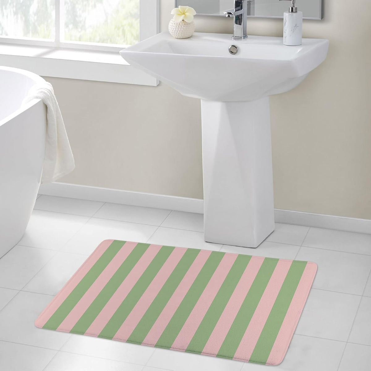 Pink Green Striped Bathroom Rugs Non Slip Washable Funny Stripe Memory Foam Bath Mat for Shower Rustic Bathtub Mat Door Mat Indoor Entrance Floor Mat for Bedroom Bathroom Accessory 24x16 Inch