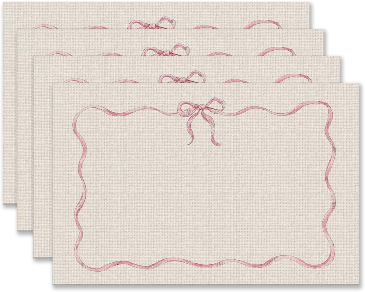 Coquette Pink Bow Placemats Set of 4 12x18 Inch, Preppy Pastel Aesthetic Bowknot Girly Table Mats Washable Placemat for Home Party Kitchen Dining Room Decoration