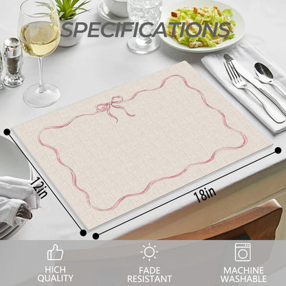 Coquette Pink Bow Placemats Set of 4 12x18 Inch, Preppy Pastel Aesthetic Bowknot Girly Table Mats Washable Placemat for Home Party Kitchen Dining Room Decoration