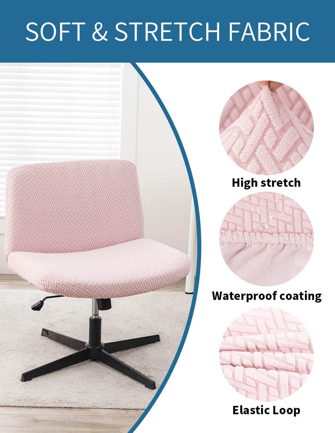 Armless Chair Cover Office Desk Chair Cover, Waterproof and Elastic Criss Cross Chair Covers, Vanity Chair Covers,Mid Back Wide Seat Accent ChairCover(Pink,T-Type,Just the Cover)
