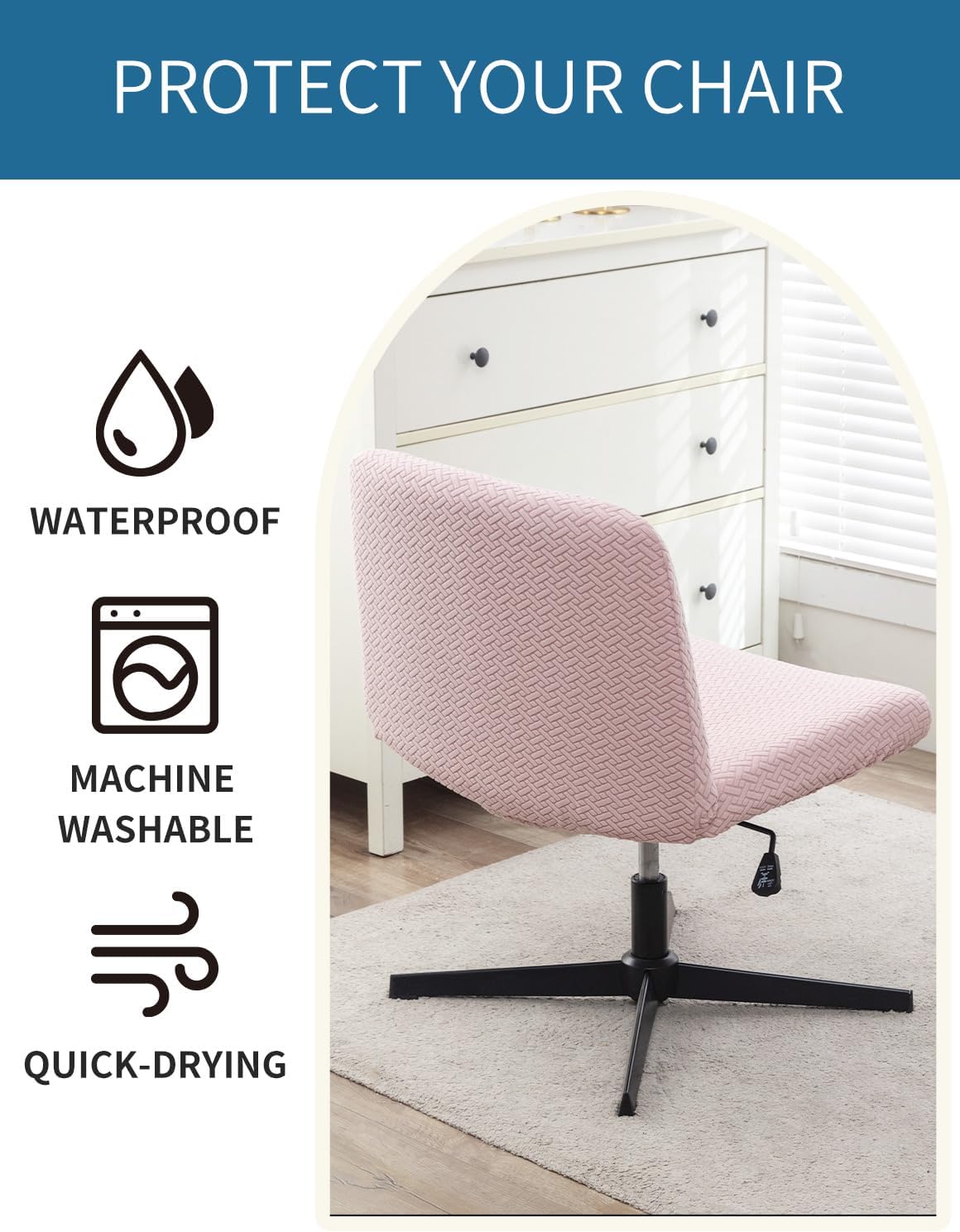 Armless Chair Cover Office Desk Chair Cover, Waterproof and Elastic Criss Cross Chair Covers, Vanity Chair Covers,Mid Back Wide Seat Accent ChairCover(Pink,T-Type,Just the Cover)
