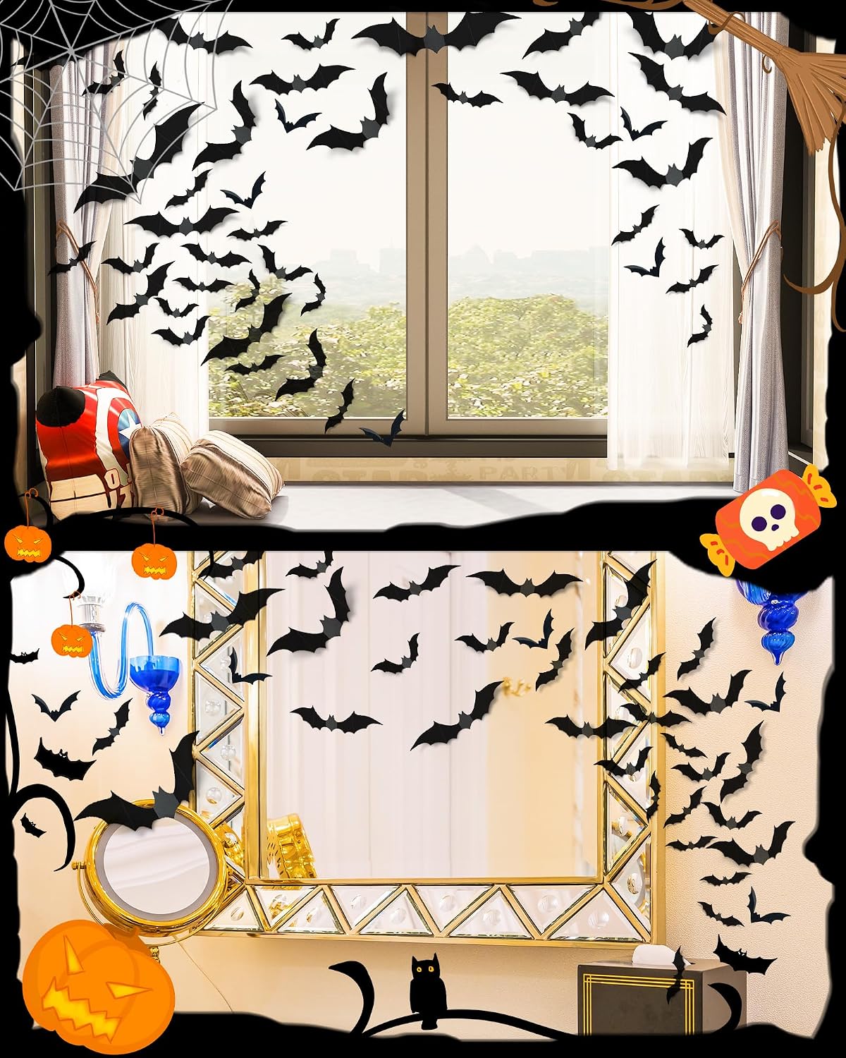 120 Pcs 3D Halloween Decorations Bats Decor,5 Sizes Bats Wall Decor Indoor