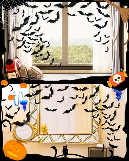 120 Pcs 3D Halloween Decorations Bats Decor,5 Sizes Bats Wall Decor Indoor