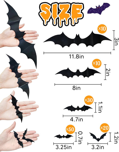 120 Pcs 3D Halloween Decorations Bats Decor,5 Sizes Bats Wall Decor Indoor