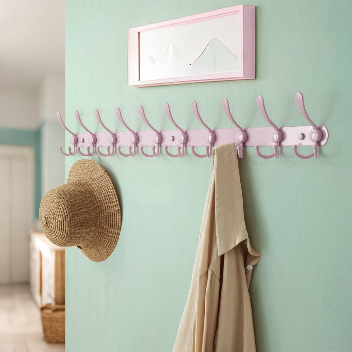 Coat Rack Wall Mount - 38” Long 10-Tri-Hooks Heavy Duty Coat Hanger Rail Wall Hooks for Hanging Coats Hats Clothing Clothes Purse Mudroom Entryway, Pink