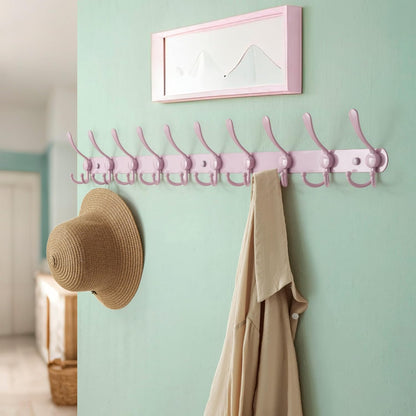 Coat Rack Wall Mount - 38” Long 10-Tri-Hooks Heavy Duty Coat Hanger Rail Wall Hooks for Hanging Coats Hats Clothing Clothes Purse Mudroom Entryway, Pink