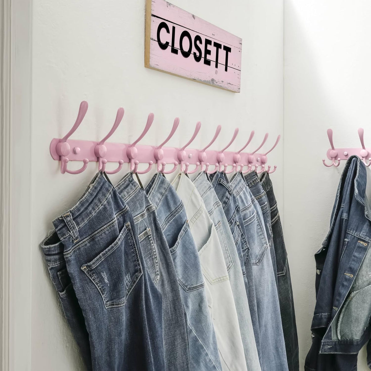 Coat Rack Wall Mount - 38” Long 10-Tri-Hooks Heavy Duty Coat Hanger Rail Wall Hooks for Hanging Coats Hats Clothing Clothes Purse Mudroom Entryway, Pink