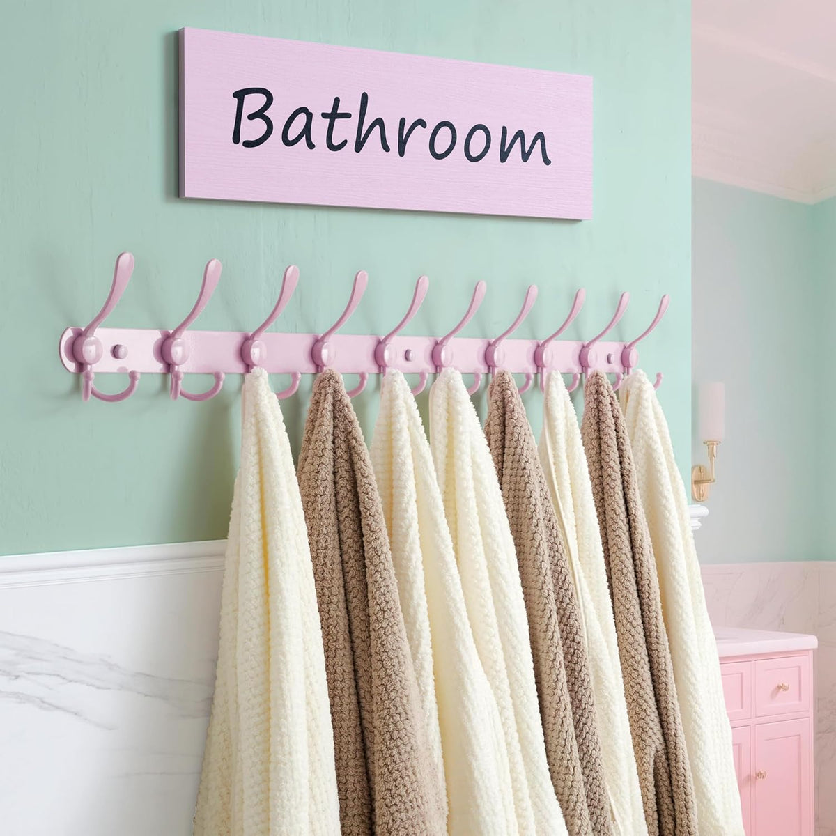 Coat Rack Wall Mount - 38” Long 10-Tri-Hooks Heavy Duty Coat Hanger Rail Wall Hooks for Hanging Coats Hats Clothing Clothes Purse Mudroom Entryway, Pink