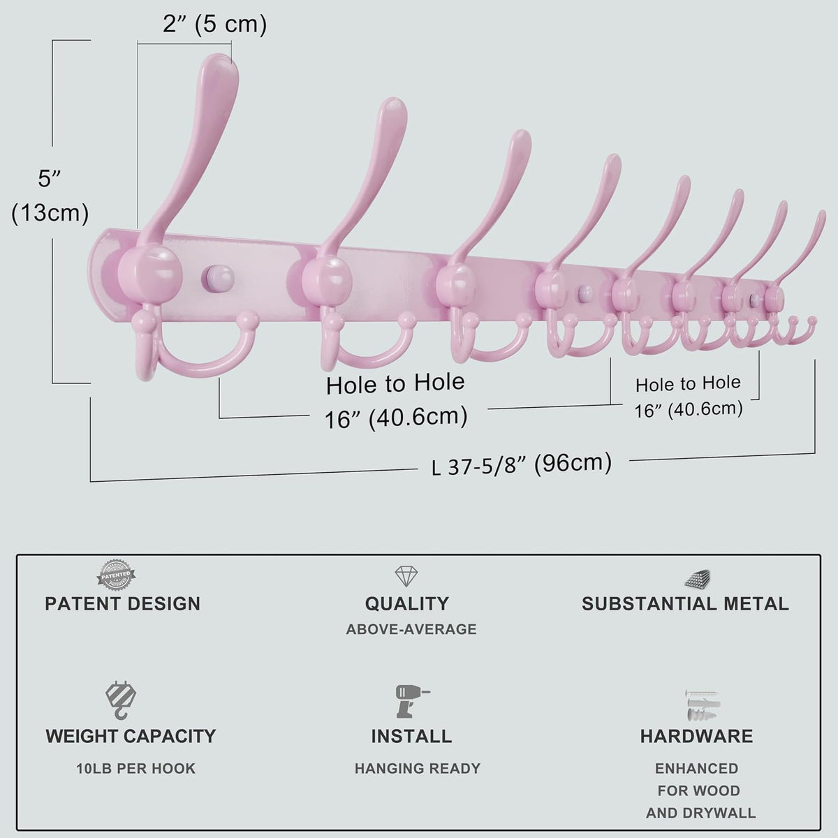 Coat Rack Wall Mount - 38” Long 10-Tri-Hooks Heavy Duty Coat Hanger Rail Wall Hooks for Hanging Coats Hats Clothing Clothes Purse Mudroom Entryway, Pink