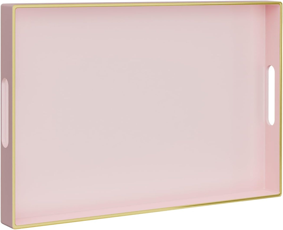 Pink Decorative Tray, Rectanrle Plastic Serving Tray with Handles