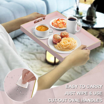 Pink Decorative Tray, Rectanrle Plastic Serving Tray with Handles