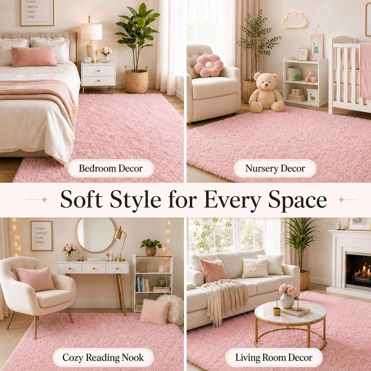 Pink Rug for Bedroom Girls, Kids Fluffy Kawaii Fuzzy Furry Shag Area Rug, Cute Plush Soft Shaggy Bedside Indoor Floor 4x6 Carpet for Teen Nursery Dorm Home Room Decor Aesthetic
