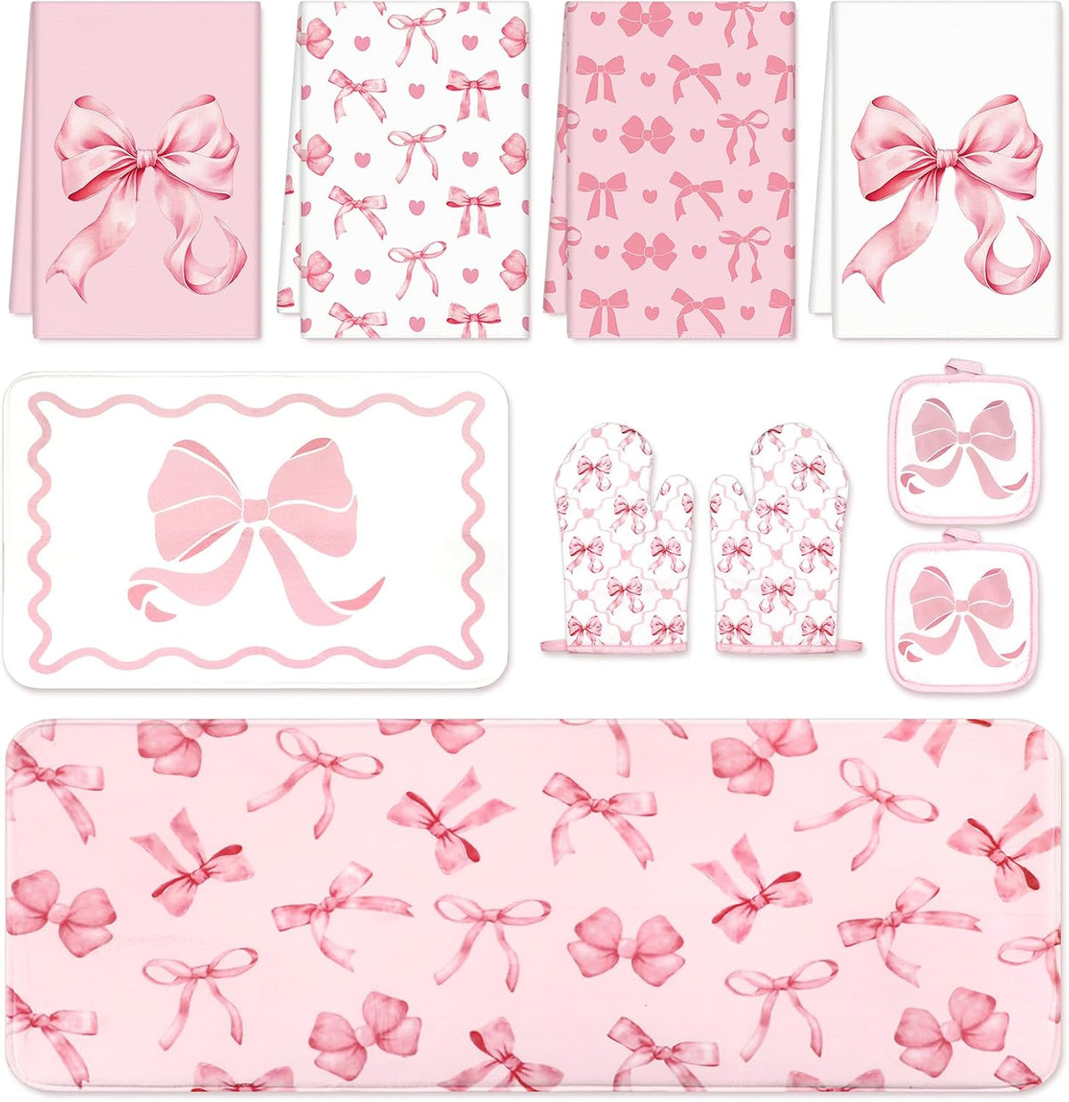 10Pcs Pink Bow Kitchen Dish Towels Rugs Oven Mitts and Pot Holders Set Farmhouse Kitchen Decor Set for Women Mom Daughter Gift Cooking Baking Home Housewarming Party Favors Supplies