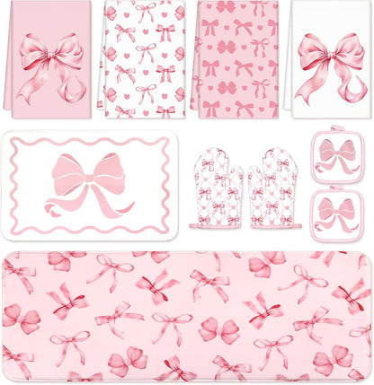 10Pcs Pink Bow Kitchen Dish Towels Rugs Oven Mitts and Pot Holders Set Farmhouse Kitchen Decor Set for Women Mom Daughter Gift Cooking Baking Home Housewarming Party Favors Supplies