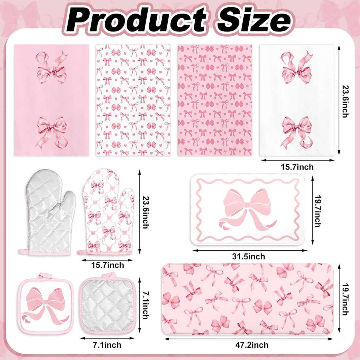 10Pcs Pink Bow Kitchen Dish Towels Rugs Oven Mitts and Pot Holders Set Farmhouse Kitchen Decor Set for Women Mom Daughter Gift Cooking Baking Home Housewarming Party Favors Supplies