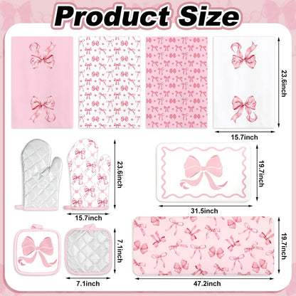 10Pcs Pink Bow Kitchen Dish Towels Rugs Oven Mitts and Pot Holders Set Farmhouse Kitchen Decor Set for Women Mom Daughter Gift Cooking Baking Home Housewarming Party Favors Supplies
